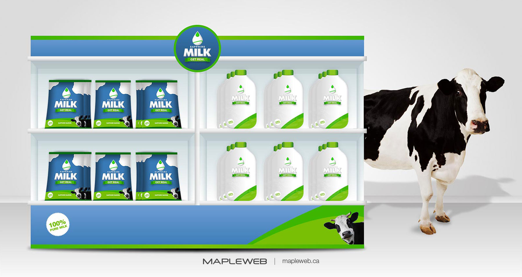 Sapphire Milk Brand design by Mapleweb Modular Counter Displaying Milk Bottles and Pouches